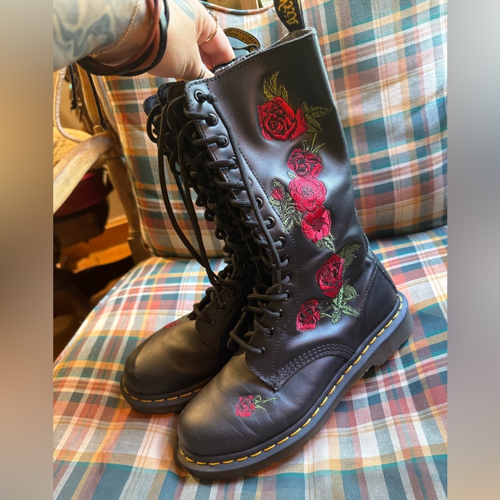 Dr. Martens Black and Red Combat Boots with Floral Design